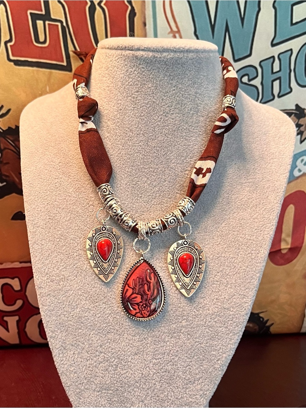 Boho Brown Cactus Teardrop Pendant Necklace with Silver Accents